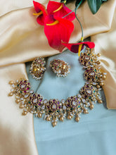 Load image into Gallery viewer, Statement Lotus Kemp Stone heavy Necklace set temple jewelry