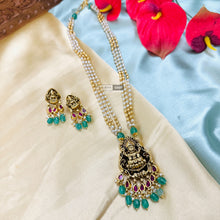 Load image into Gallery viewer, Lakshmi ji Kundan Kemp Stone pearl Medium Length temple jewelry Pendant set