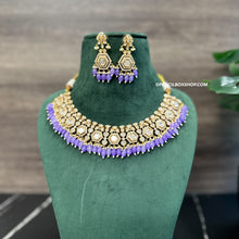 Load image into Gallery viewer, Purple 22k Gold plated Tayani Premium Statement Necklace set with maangtikka