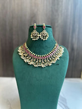 Load image into Gallery viewer, TRENDING ruby Green Cz Peacock Short Guttapusalu Pearl Necklace set