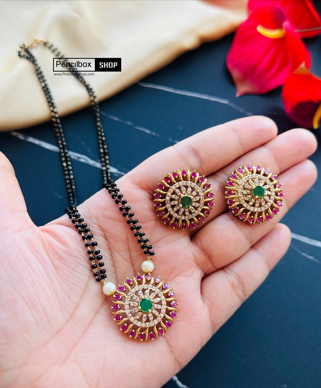 Round Cz multicolor Black beads Mangalsutra Necklace set