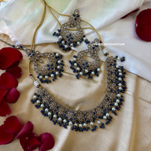 Load image into Gallery viewer, Aarohi Royal Blue Golden Polki Necklace Set with maangtikka