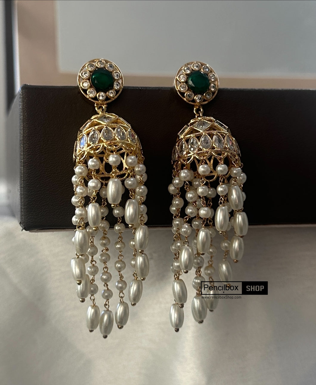 14k Gold plated Flower green Pearl Temple earrings