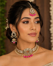 Load image into Gallery viewer, Nina Hot pink pearl Premium Mirror choker necklace set with maangtikka