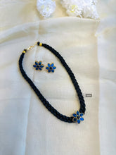 Load image into Gallery viewer, Blue Flower Golden Dainty Black Thread Temple ethnic Necklace set