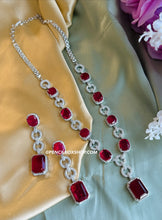 Load image into Gallery viewer, Tara-American Diamond Red Silver Finish Long Designer Necklace set