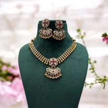 Load image into Gallery viewer, Pearl Kemp stone Dainty South indian temple necklace set