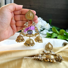 Load image into Gallery viewer, 92.5 Silver Coated Ghungroo Long Pachi Golden finish three jhumka German silver earrings