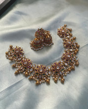 Load image into Gallery viewer, Statement Lotus Kemp Stone heavy Necklace set temple jewelry