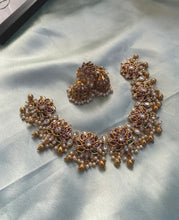 Load image into Gallery viewer, Statement Lotus Kemp Stone heavy Necklace set temple jewelry