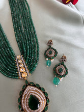 Load image into Gallery viewer, American Diamond layered Green mala long Victorian Kundan Necklace set