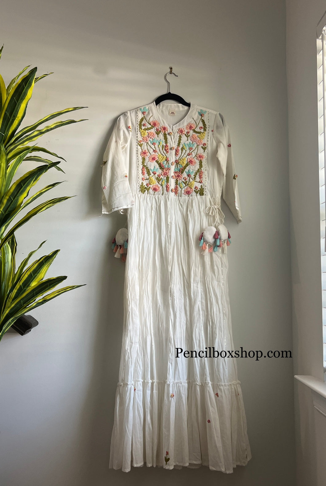 White Multicolor Thread Embroidery Long Dress Women Clothing