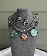 Load image into Gallery viewer, German Silver Multicolor White Stone Ghungroo Statement necklace set