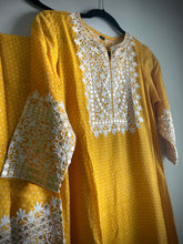 Load image into Gallery viewer, 2 pc Soft muslin Yellow White embroidery Suit with pant women Clothing