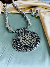Load image into Gallery viewer, White kundan round with matar mala Statement Big Pendant Oxidised Afghani Necklace set
