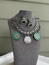 Load image into Gallery viewer, German Silver Multicolor White Stone Ghungroo Statement necklace set