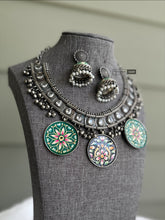 Load image into Gallery viewer, German Silver Multicolor White Stone Ghungroo Statement necklace set