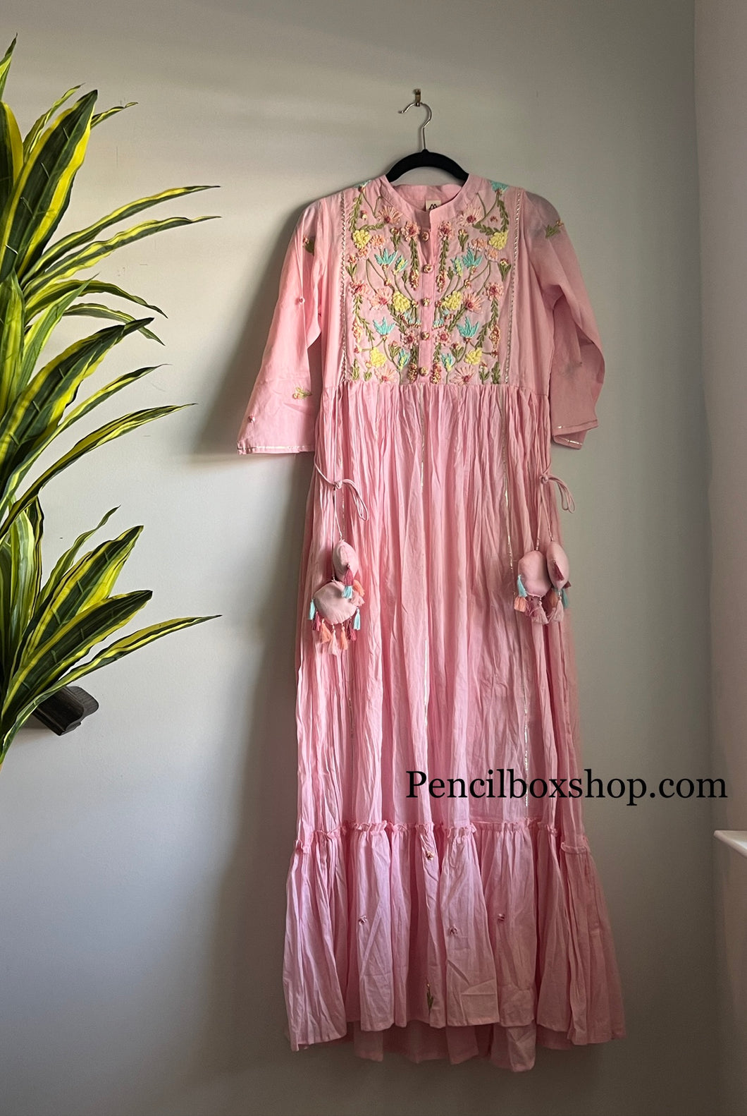 Pink Multicolor Thread Embroidery Long Dress Women Clothing