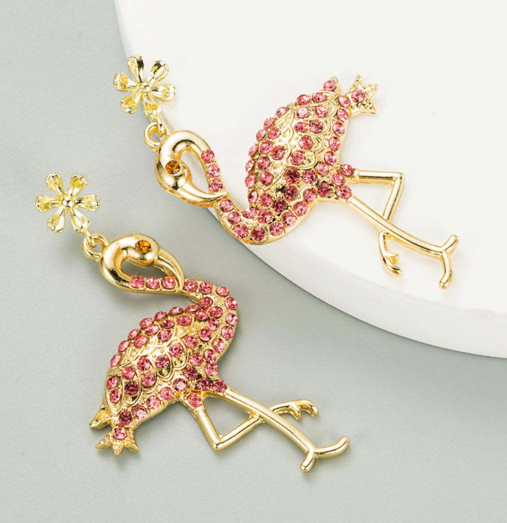 Pink Golden Rhinestone Flamingo Earrings IDW