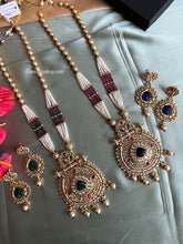 Load image into Gallery viewer, Multicolor Long kundan carved haram Necklace set templejewelry