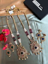 Load image into Gallery viewer, Multicolor Long kundan carved haram Necklace set templejewelry