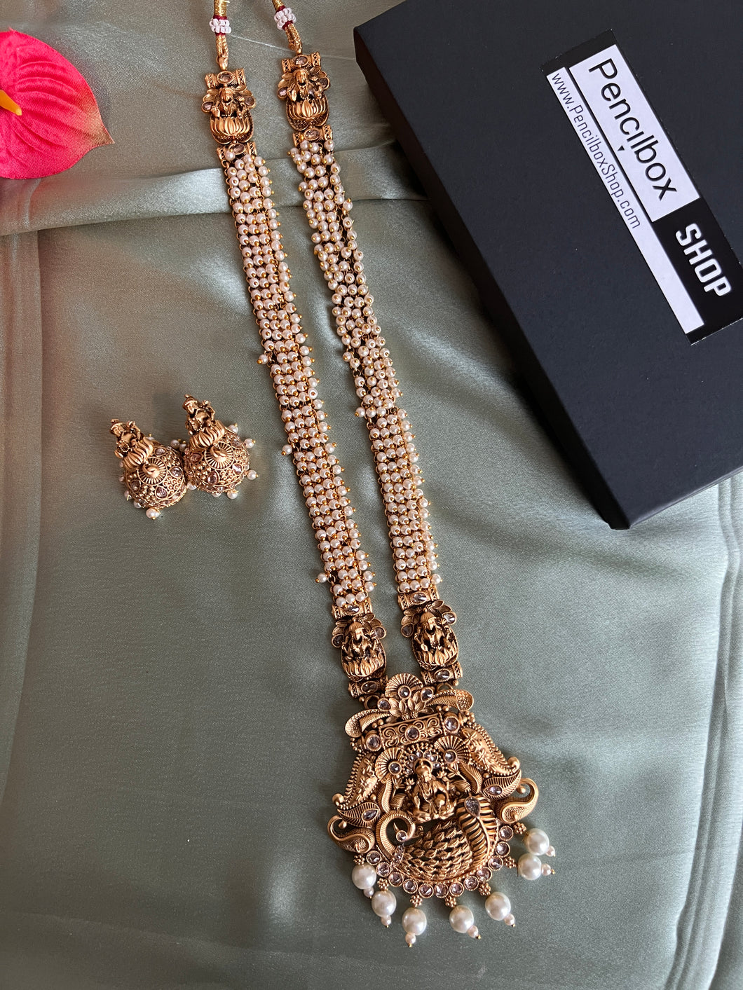 Pearl Lakshmi ji Golden Long haram Necklace set templejewelry