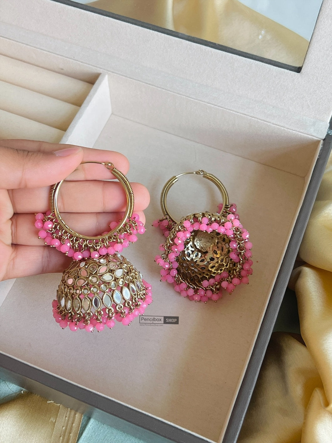Mirror Pink Beads Hoop Jhumki Earrings