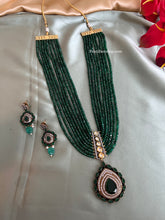 Load image into Gallery viewer, American Diamond layered Green mala long Victorian Kundan Necklace set