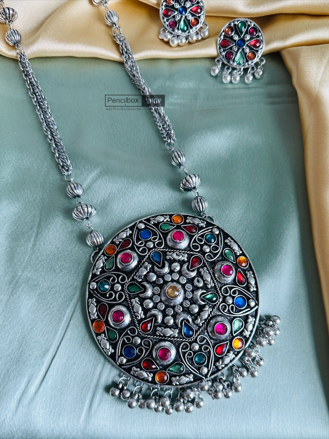 Big multicolor round Statement Big Pendant Oxidised Afghani Necklace set