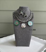 Load image into Gallery viewer, German Silver Multicolor White Stone Ghungroo Statement necklace set