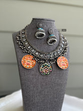Load image into Gallery viewer, German Silver Multicolor White Stone Ghungroo Statement necklace set