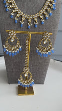 Load and play video in Gallery viewer, Radhs Light Blue Golden Kundan Polki Necklace Set with Maangtikka
