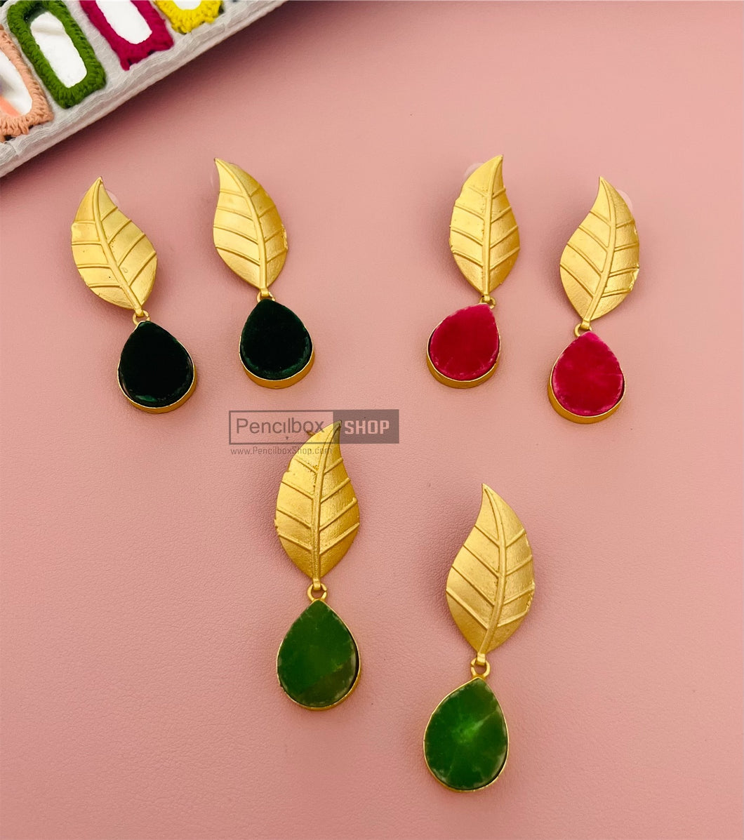 Natural Stone Leaf shape Brass made earrings