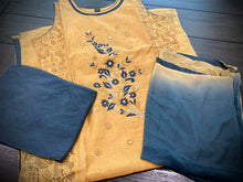 Load image into Gallery viewer, 3 pieces Mustard Golden Grey Embroidery Half n half print Chanderi Straight suit 40 size