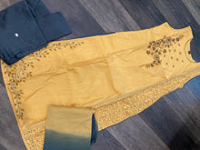 Load image into Gallery viewer, 3 pieces Mustard Golden Grey Embroidery Half n half print Chanderi Straight suit 40 size