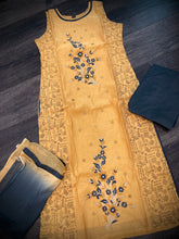 Load image into Gallery viewer, 3 pieces Mustard Golden Grey Embroidery Half n half print Chanderi Straight suit 40 size