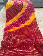 Load image into Gallery viewer, Bandhani Red Yellow pink Georgette Saree Elegant

