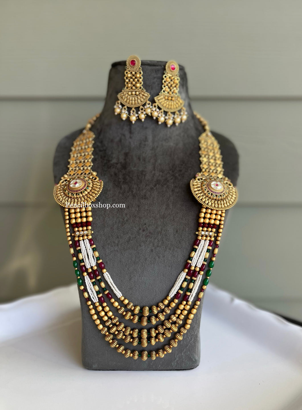 Multicolor Pearl cz kemp stone Haram Designer Necklace set temple Haram jewelry