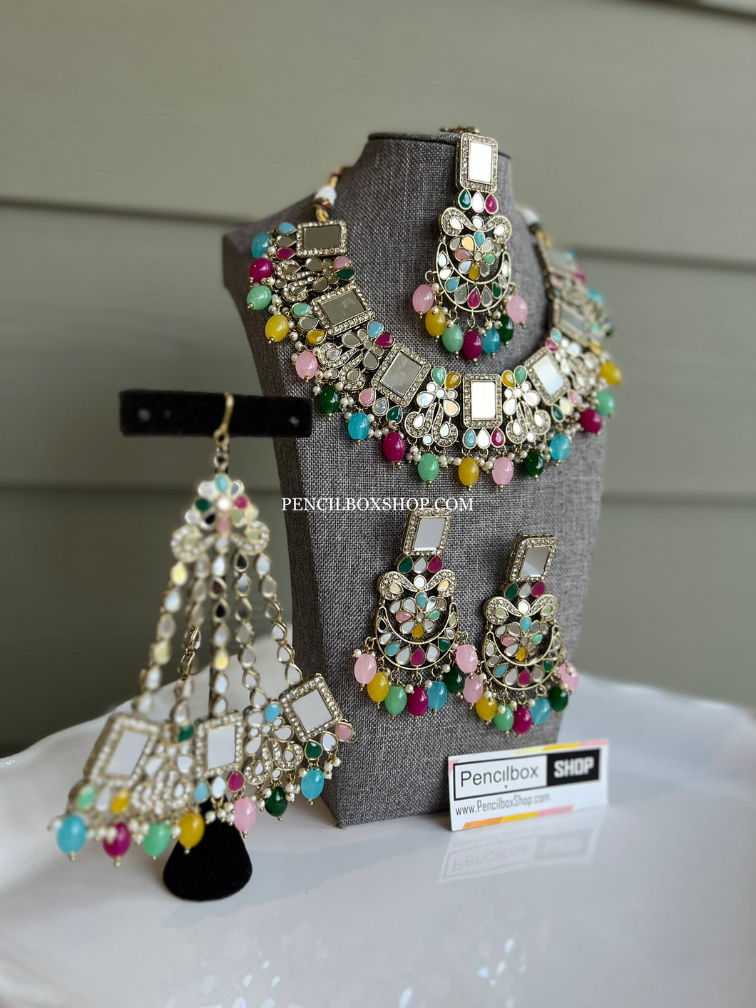Multicolor Mirror Statement Glass Drops Necklace set with maangtikka