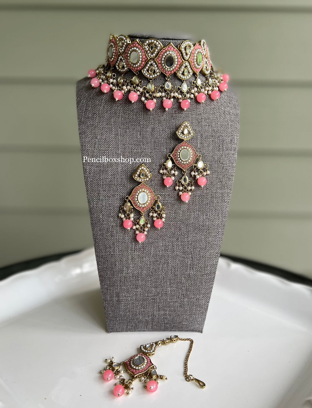 Pink Mirror Choker with hanging beads Statement Piece Necklace Choker set with maangtikka