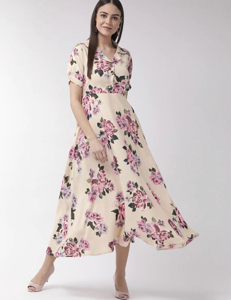 pink and cream maxi dress Bejewelled | Cream AND PINK Floral Cowl-Neck Maxi Dress With Fringe Hem