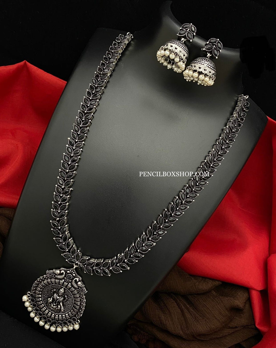 German silver Long Lakshmi ji Jhumka design necklace set