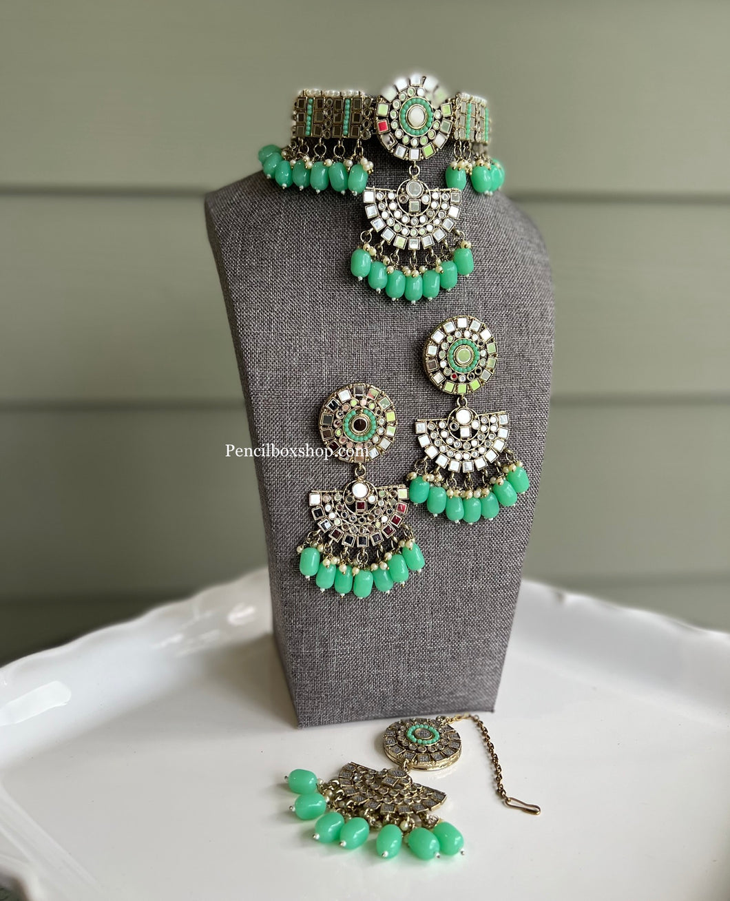 Mint Mirror Round Beads Hanging Choker necklace set with maangtikka