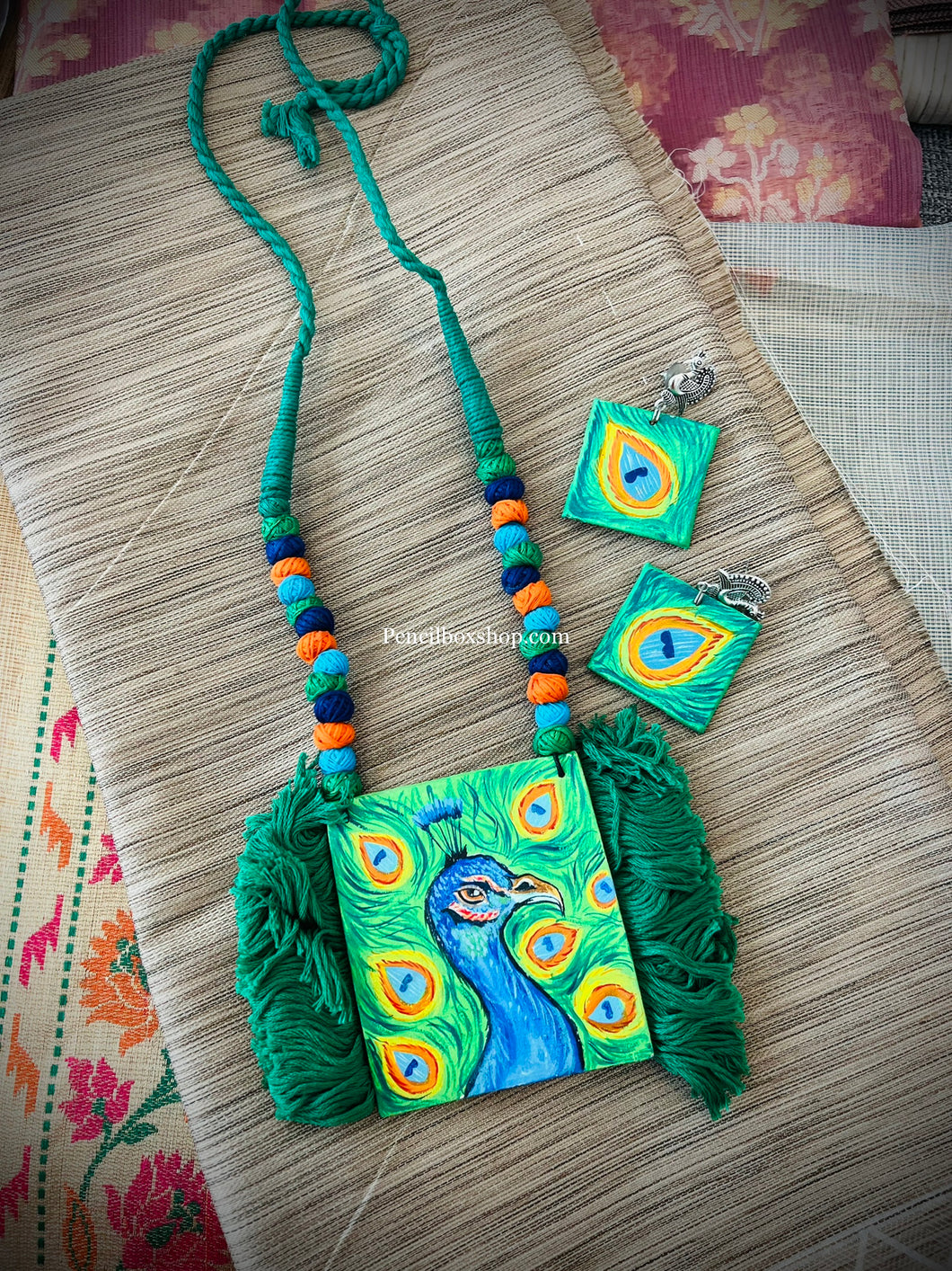 Handmade Handpainted Green peacock necklace set