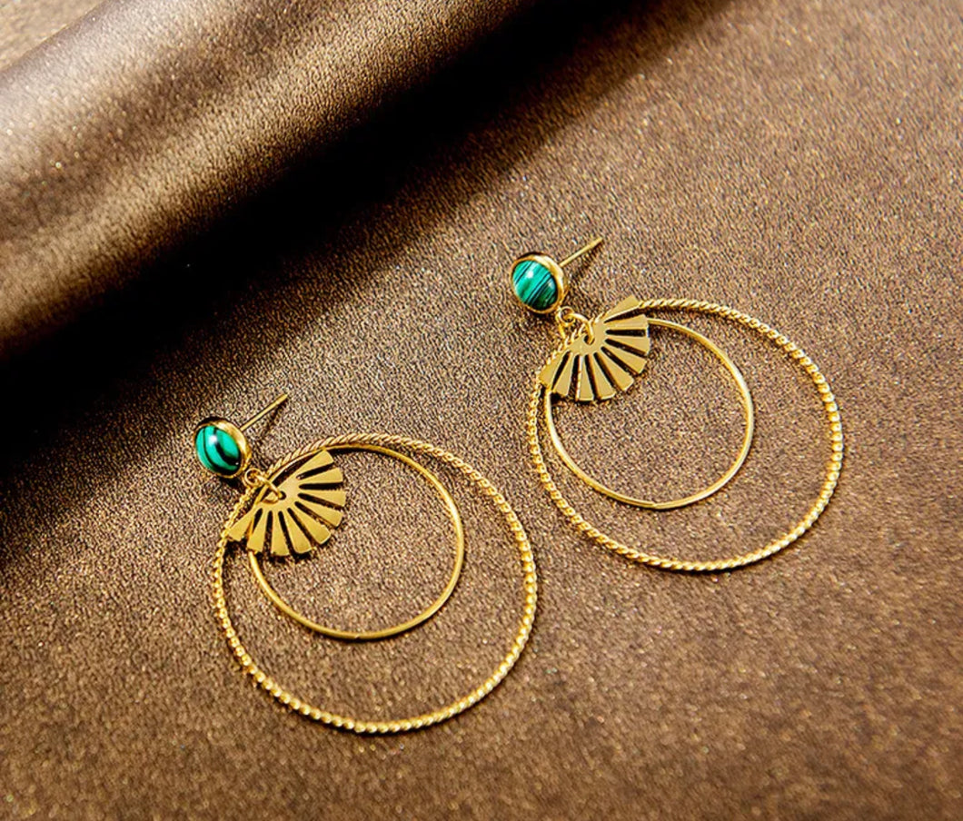 Green Round Golden Earrings IDW