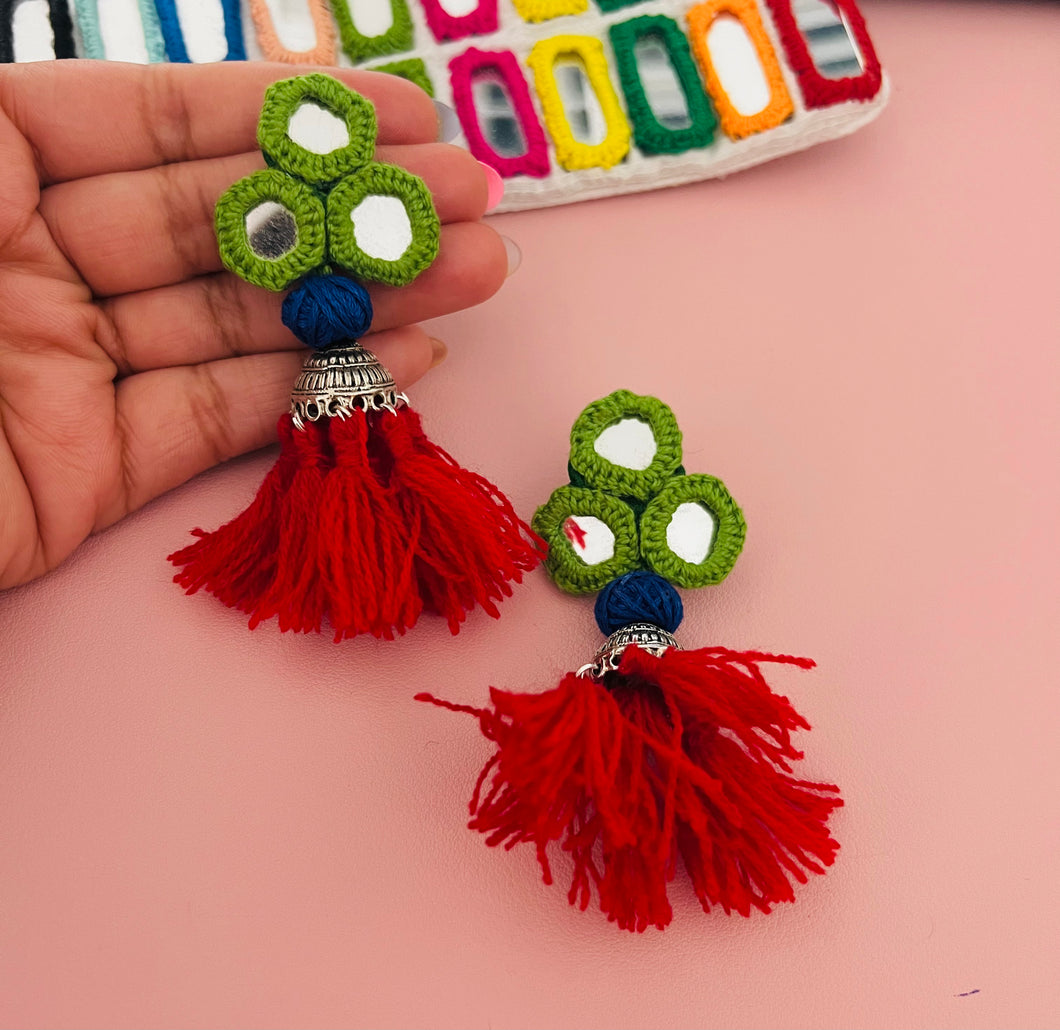 Handmade Mirror Fabric green Blue Red tassel Earrings