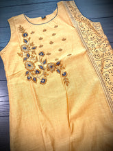 Load image into Gallery viewer, 3 pieces Mustard Golden Grey Embroidery Half n half print Chanderi Straight suit 40 size