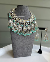Load image into Gallery viewer, Noor - Uncut Polki Dual Tone Silver Foiled Mint Pink Statement Designer Necklace set