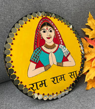 Load image into Gallery viewer, Handpainted RAM RAM SA ( Hindi) Yellow Mirror Women Wall Hanging
