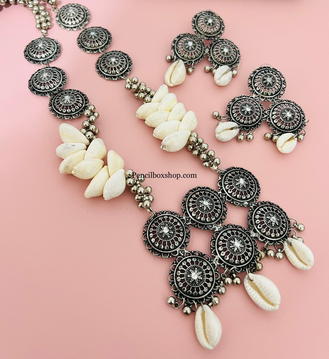 Shell Silver beads Long Oxidised Necklace set